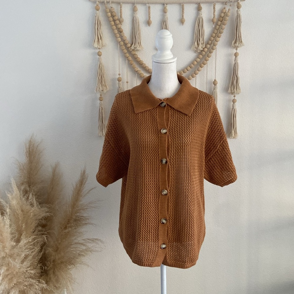Le Lis Collection brown crochet top collard button down oversize shirt small